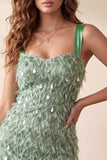 Square Neck Green Bodycon Feathered Short Cocktail Dress with Sequins