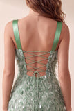 Square Neck Green Bodycon Feathered Short Cocktail Dress with Sequins