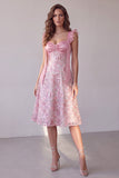 Pink A-Line Ruched Satin Sweetheart Midi Wedding Guest Dress with Sequins