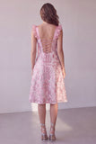 Pink A-Line Ruched Satin Sweetheart Midi Wedding Guest Dress with Sequins