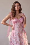 Pink A-Line Ruched Satin Sweetheart Midi Wedding Guest Dress with Sequins
