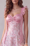Pink A-Line Ruched Satin Sweetheart Midi Wedding Guest Dress with Sequins