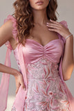 Pink A-Line Ruched Satin Sweetheart Midi Wedding Guest Dress with Sequins