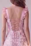 Pink A-Line Ruched Satin Sweetheart Midi Wedding Guest Dress with Sequins