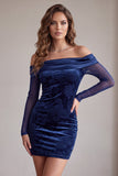 Off the Shoulder Navy Bodycon Satin Printed Long Sleeves Short Cocktail Dress