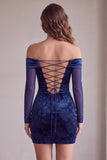 Off the Shoulder Navy Bodycon Satin Printed Long Sleeves Short Cocktail Dress