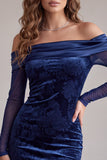 Off the Shoulder Navy Bodycon Satin Printed Long Sleeves Short Cocktail Dress