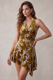 Mustard Gold Floral Printed Halter Asymmetrical High Low Velvet Short Cocktail Dress