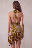 Mustard Gold Floral Printed Halter Asymmetrical High Low Velvet Short Cocktail Dress
