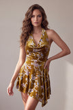 Mustard Gold Floral Printed Halter Asymmetrical High Low Velvet Short Cocktail Dress