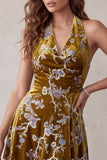 Mustard Gold Floral Printed Halter Asymmetrical High Low Velvet Short Cocktail Dress