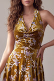 Mustard Gold Floral Printed Halter Asymmetrical High Low Velvet Short Cocktail Dress
