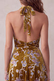 Mustard Gold Floral Printed Halter Asymmetrical High Low Velvet Short Cocktail Dress