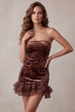 Chocolates Bodycon Ruffled Velvet Floral Strapless Short Cocktail Dress
