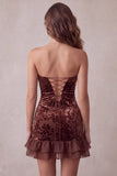 Chocolates Bodycon Ruffled Velvet Floral Strapless Short Cocktail Dress