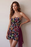 Burgundy Velvet Printed Bodycon Strapless Short Cocktail Dress with Draping