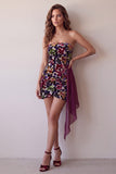 Burgundy Velvet Printed Bodycon Strapless Short Cocktail Dress with Draping