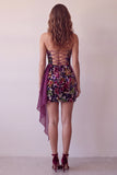 Burgundy Velvet Printed Bodycon Strapless Short Cocktail Dress with Draping