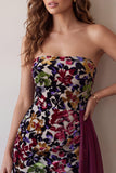 Burgundy Velvet Printed Bodycon Strapless Short Cocktail Dress with Draping