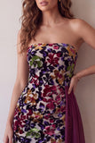 Burgundy Velvet Printed Bodycon Strapless Short Cocktail Dress with Draping