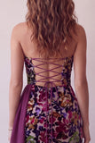 Burgundy Velvet Printed Bodycon Strapless Short Cocktail Dress with Draping