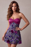 Fuchsia Satin A-Line Strapless Floral Short Cocktail Dress