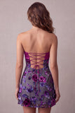 Fuchsia Satin A-Line Strapless Floral Short Cocktail Dress