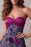 Fuchsia Satin A-Line Strapless Floral Short Cocktail Dress
