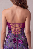 Fuchsia Satin A-Line Strapless Floral Short Cocktail Dress