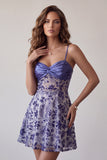 Blue A-Line Ruched Spaghetti Straps Sheer Short Cocktail Dress with Sequins
