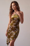 Mustard Gold Asymmetrical High Low Halter Velvet Printed Short Cocktail Dress