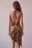Mustard Gold Asymmetrical High Low Halter Velvet Printed Short Cocktail Dress