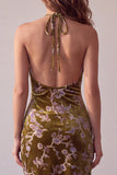 Mustard Gold Asymmetrical High Low Halter Velvet Printed Short Cocktail Dress