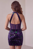 Dark Purple Sheer Corset High Neck Bodycon Velvet Short Cocktail Dress