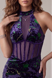 Dark Purple Sheer Corset High Neck Bodycon Velvet Short Cocktail Dress