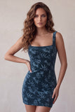 Navy Bodycon Printed Square Neck Short Cocktail Dress