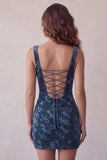 Navy Bodycon Printed Square Neck Short Cocktail Dress