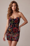 Burgundy Bodycon Strapless Velvet Printed Short Cocktail Dress