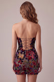 Burgundy Bodycon Strapless Velvet Printed Short Cocktail Dress