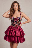 Red Corset Bubble Hem Velvet Tiered Ruffle A-Line Short Cocktail Dress with 3D Flower