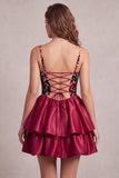 Red Corset Bubble Hem Velvet Tiered Ruffle A-Line Short Cocktail Dress with 3D Flower