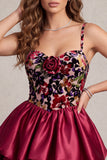 Red Corset Bubble Hem Velvet Tiered Ruffle A-Line Short Cocktail Dress with 3D Flower