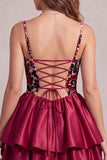 Red Corset Bubble Hem Velvet Tiered Ruffle A-Line Short Cocktail Dress with 3D Flower