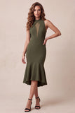 Olive High Neck Mermaid High Low Tulle Midi Formal Dress
