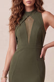 Olive High Neck Mermaid High Low Tulle Midi Formal Dress