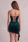 One Shoulder Dark Green Bodycon Velvet Ruched Short Cocktail Dress