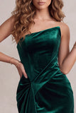 One Shoulder Dark Green Bodycon Velvet Ruched Short Cocktail Dress