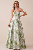 Sage Green A-Line Corset Strapless Printed Maxi Formal Dress