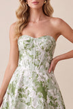 Sage Green A-Line Corset Strapless Printed Maxi Formal Dress