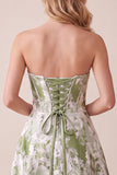 Sage Green A-Line Corset Strapless Printed Maxi Formal Dress